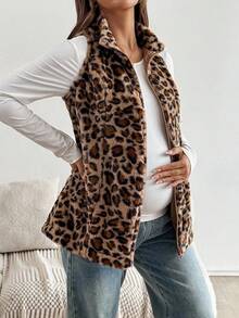 SHEIN Autumn And Winter Maternity Leopard Print Sleeveless Casual Jacket, Autumn/Winter - Brown - View 4