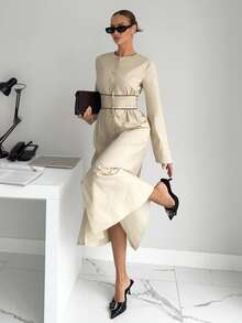 Siren Gaze 亚麻色块装饰中长连衣裙，棉质长袖口袋连衣裙 - 杏色 - 查看 6