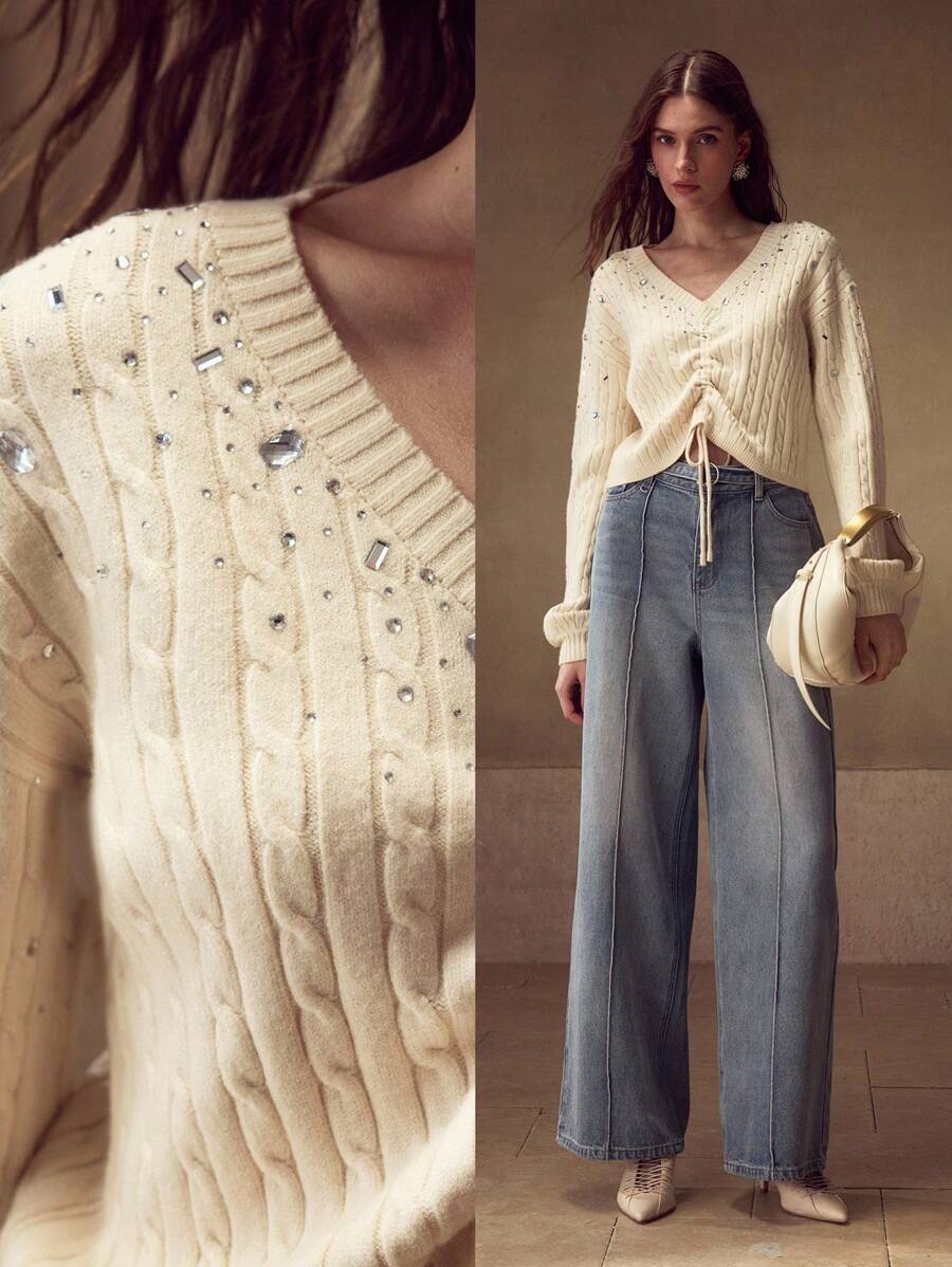 MOTF PREMIUM Pull-over tricoté avec cordon de serrage et strass, pour l'automne et l'hiver - Nude - Voir 1