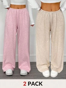 SHEIN PETITE 2pcs Women Solid Color Drawstring Waist Loose Casual Wide Leg Pants
