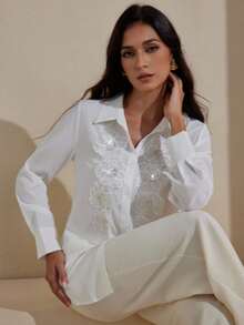 Graceveil Women Loose Fit 3D Flower Embellished White Long Sleeve Shirt White Blouses Elegant - White - View 4