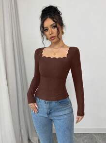 INAWLY 黑色法式优雅荷叶边方领长袖修身女式 T 恤 - 棕色 - 查看 3
