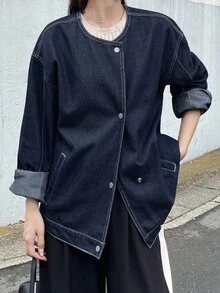 FRIFUL 女士休闲水洗落肩宽松夹克、牛仔夹克、秋季女装 - 黑色 - 查看 2