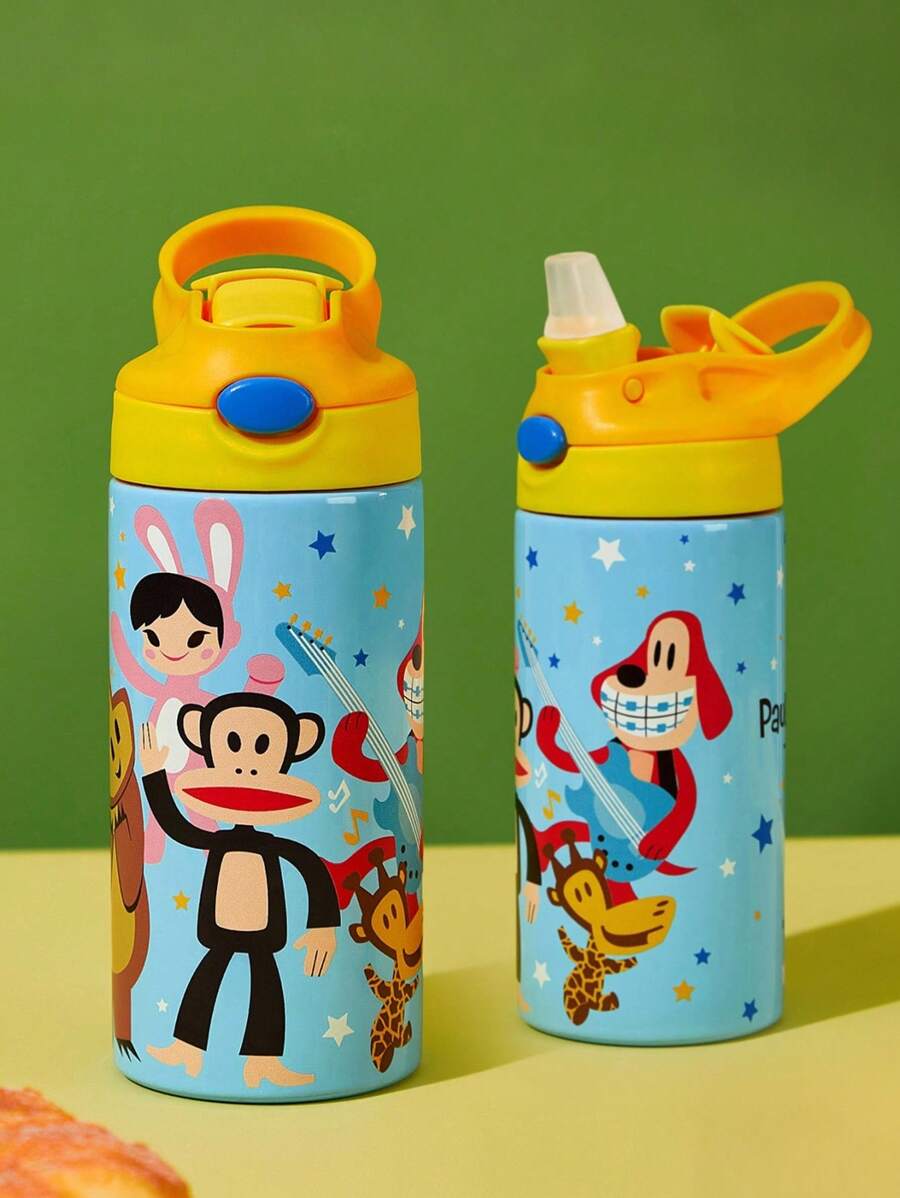 Paul Frank X SHEIN 16 Oz / 500 Ml Cartoon Pattern Insulated Stainless Steel With Handle And Silicone Straw, Suitable For School, Travel, Easy To Carry - Blue - View 1