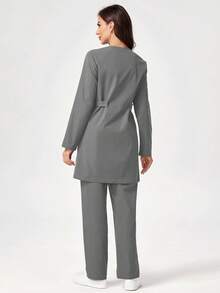 TaskEZ Scrub Uniform Set, Long Sleeve Top And Pants, Solid Color - Grey - View 2