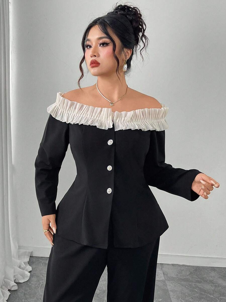 Modelyn Plus Size Women's Off-Shoulder Elegant Slimming 2 Pieces Pants Set