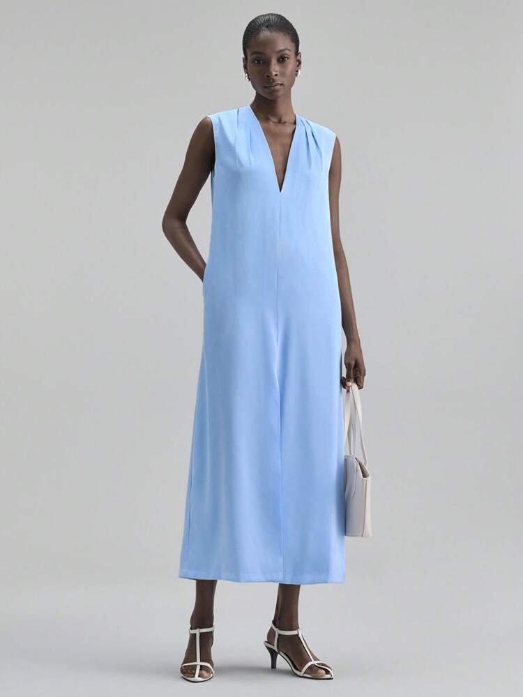2025 Women's Solid Color V-Neck Sleeveless Maxi Loose Dress, Elegant Vacation Dress For Beach, Music Festival, Halloween, Christmas Party, Countryside Concert