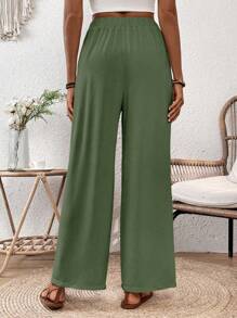 Breezaya Loose Straight-Fit Elastic Drawstring Muscle Textured Wrinkled Fabric Imitation Spring Summer Long Pants Fall Cloth For Women - Army Green - View 2