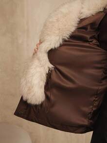 Anewsta Women's Elegant Faux Fur Collar Trim Cinched Waist Long Sleeve Zip-Up Padded Coat, Winter