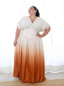 Pretty and Ole 女士加大码优雅渐变印花系带蝴蝶结 V 领 A 字长裙，百搭设计，适合外出、海滩、音乐节、春夏季 - 彩色 - 查看 4