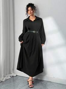 Elenzga 优雅通勤纯色灯笼袖连衣裙，大码女式秋季长裙 - 黑色 - 查看 5