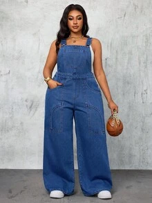 Slaydiva Plus Size Women Cowgirl Outfit Blue Denim Loose Fit Bib Overall Pants, Rodeo Outfits For Women Autumn