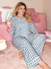 大码格子蝴蝶结方格纽扣上衣和裤子睡衣套装，秋季服装 - 彩色 - 查看 4