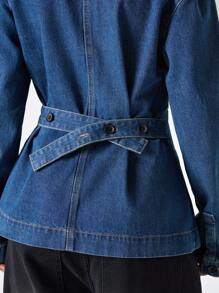 Muchica Áo sơ mi denim dáng rộng, cài cúc phía trước, kiểu dáng thường ngày, đã qua xử lý. - Màu xanh lam - Xem 5