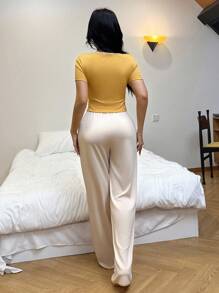 Y2K Women's Contrast Trim Yellow Short Sleeve Top And Pants Loungewear Set - Orange - View 2