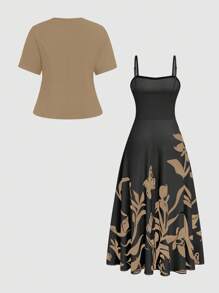 SHEIN Clasi 加大码女式花卉印花吊带背心连衣裙，带伞状下摆和短袖系带前夹克优雅套装 - 卡其色 - 查看 2