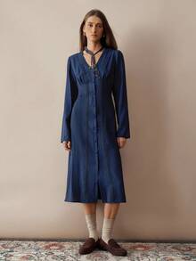 Florisole Vestido largo de manga larga con botones al frente, cintura fruncida, pliegue en la espalda y encaje en el ruedo, en color azul marino vintage, estilo campestre y escolar, para mujeres - Azul - Ver 3