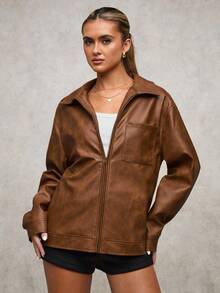 SHEIN BAE 女士纯色拉链休闲百搭长袖夹克棕色仿皮斑驳纹理腰带下摆机车夹克复古做旧皮革冬季女式夹克感恩节女式冬季女式外套圣诞节女式圣诞冬季夹克 - 鏽棕色 - 查看 6