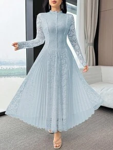 Feyla Women's Floral Lace Frill Trim Stand Collar Long Sleeve Elegant Dress - Blue - View 5