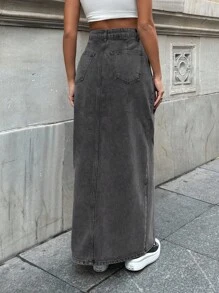 EURMUSE Women's Casual Daily Button Front Denim Skirt - Black - View 2