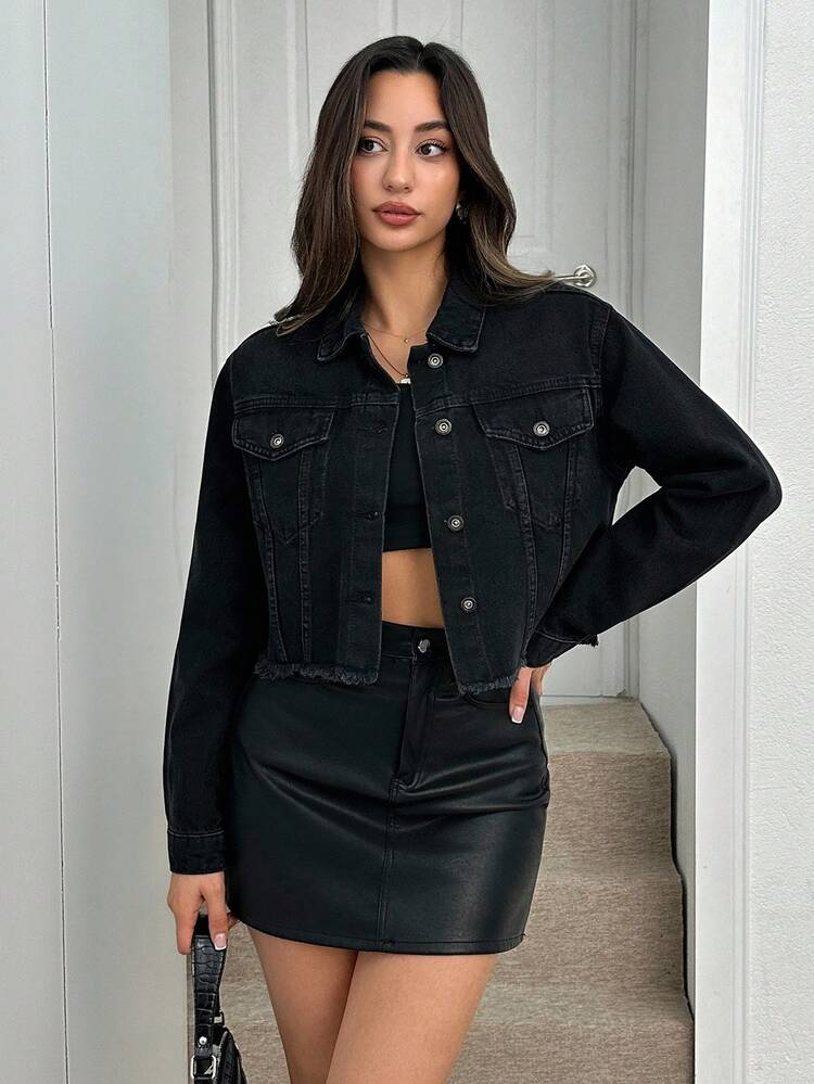 EURMUSE Áo khoác đơn giản tay dài cài nút phía trước cho nữ, mặc thường ngày - màu đen - Xem 3