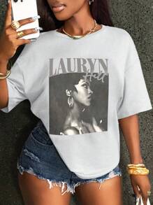 INAWLY Solva Women's Casual Short Sleeve Letter & Portrait Print Round Neck T-Shirt - Grey - View 5