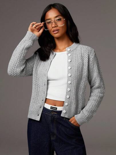 Athîral 女士休闲纯色纽扣长袖开衫短款开衫女士短款开衫灰色开衫纽扣开衫开口针织开衫短款毛衣秋冬