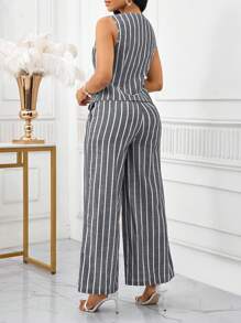 SHEIN Lady 2025 新款撞色条纹面料女士优雅无袖背心和裤子套装，商务通勤风格，夏季女士两件套服装女士两件套服装，女士工作服条纹两件套2件套女士休闲 - 灰色 - 查看 2