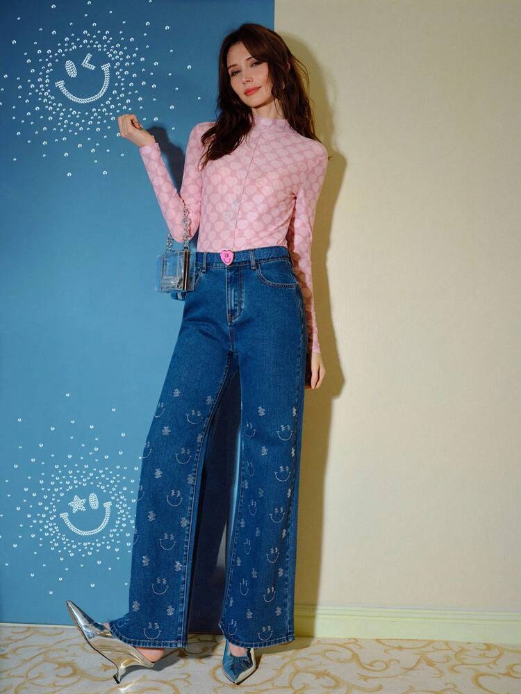 S.W.Smiley x MOTF Cinturón con hebilla con patrón de dibujos animados de piel sintética (PU)