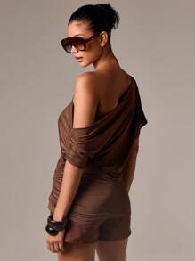 AiiRZ Off Shoulder Ruched Tunic Top Casual Draped Single Sleeve Blouse Classic Design Slim Fit Front Gatherings All Season Versatile Fashion Piece - Brown - View 2