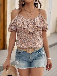 Brillora 女性時尚花卉印花雙肩紐荷葉邊背心上衣 - 彩色 - 查看 5