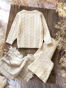 SHEIN 2 piezas Conjunto de suéter casual de cuello redondo de unicolor y pantalones de corte holgado para niña joven