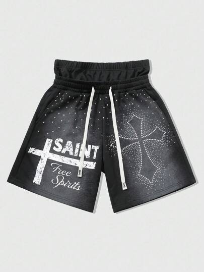 Goth Men's Casual Rhinestone Cross Embellished American Style Drawstring Waist Shorts
