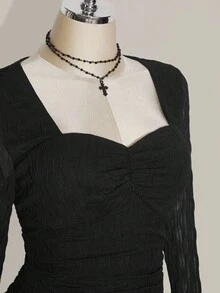 SHEIN ICON 大码女式纯色褶皱方领长袖不对称下摆连衣裙、Y2k 复古不对称下摆连衣裙、万圣节服装、女巫服装黑色连衣裙 - 黑色 - 查看 6