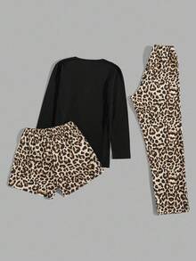 EURMUSE Cottonline 3Pcs Women Black Beige Patterned Long Sleeve ShritPantsShorts Homewear Pajama Set Pajamas Cute Pajama Sets For Women's Print Lounge Autumn - Black - View 2