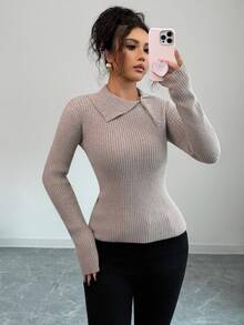 Elenzga Women's Oblique Button Collar Pullover Sweater Fall Winter Cloth For Women - Champagne - View 1