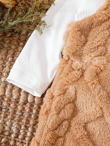 SHEIN 2pcs Baby Girl 2025 Autumn/Winter Long Sleeve Knitted Pure White Sweater + Khaki Fleece Jumpsuit Set - Khaki - View 5