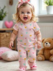 SHEIN Happikins Baby Girl Casual Cute Colorful Heart Print Snug Fit Round Neck Comfortable Short Sleeve Pants Pajamas, Ballet Pink - Multicolor - View 2