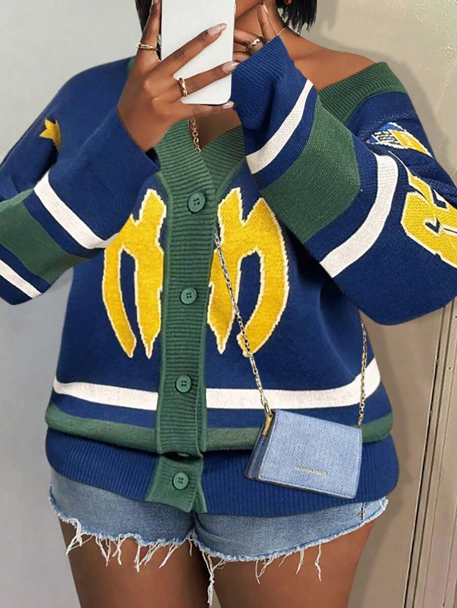 Slaydiva Áo khoác cardigan dệt kim tay dài cổ chữ V dáng rộng, họa tiết 23, kiểu dáng mới, thích hợp mặc thường ngày và dạo phố, cỡ lớn, phù hợp cho mùa thu đông. - Nhiều màu - Xem 1