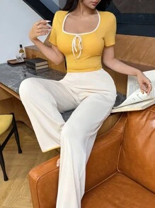 Y2K Women's Contrast Trim Yellow Short Sleeve Top And Pants Loungewear Set - Orange - View 4