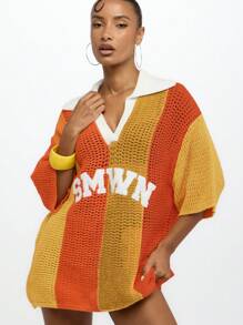 SUMWON WOMEN Áo len móc len kẻ sọc cỡ lớn cổ chữ V, áo chui đầu, cổ polo trễ vai, logo chữ nổi bật, thời trang thu đông Y2K - Nhiều màu - Xem 9