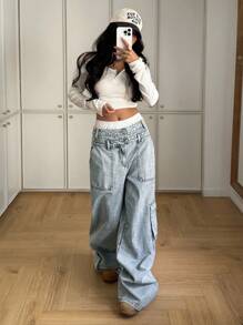 SHEIN Tall Women's Casual Versatile Patchwork Double Waistband Cargo Jeans