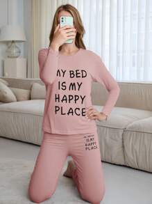 Cotton 2Pcs  Slogan Printed Long Sleeve Shirt And Long Bottom Lounge Set