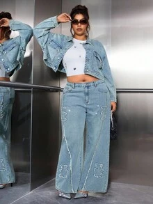 SHEIN EZwear Áo khoác denim dáng rộng tay dài, dáng rộng, một hàng khuy, dáng suông, dáng rộng, phong cách mùa hè mới cho nữ - Màu xanh lam - Xem 4