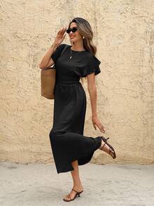 SHEIN Frenchy Women's Solid Color Round Neck Ruffle Short Sleeve Waist Pleated Casual Mid-Length Dress, Summer Black Casual Black Beach - Black - View 4