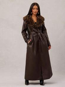 Radiana 冬季深咖啡色复古仿皮草豹纹领长款 PU 皮夹克，优雅束腰 PU 风衣外套 - 咖啡棕 - 查看 4