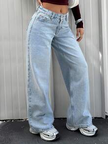 EURMUSE 休闲洗水低腰宽松直筒牛仔裤 - 中等水洗藍 - 查看 6