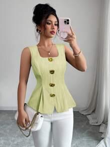 Elenzga Summer New Arrival French Elegant Fashion Big Metal Button Backless Tie Sleeveless Solid Color Blouse For Women - Green - View 1