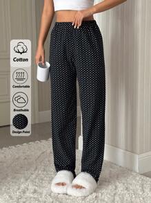 Pantalón de pijama de algodón para mujer con estampado a lunares de color contrastante