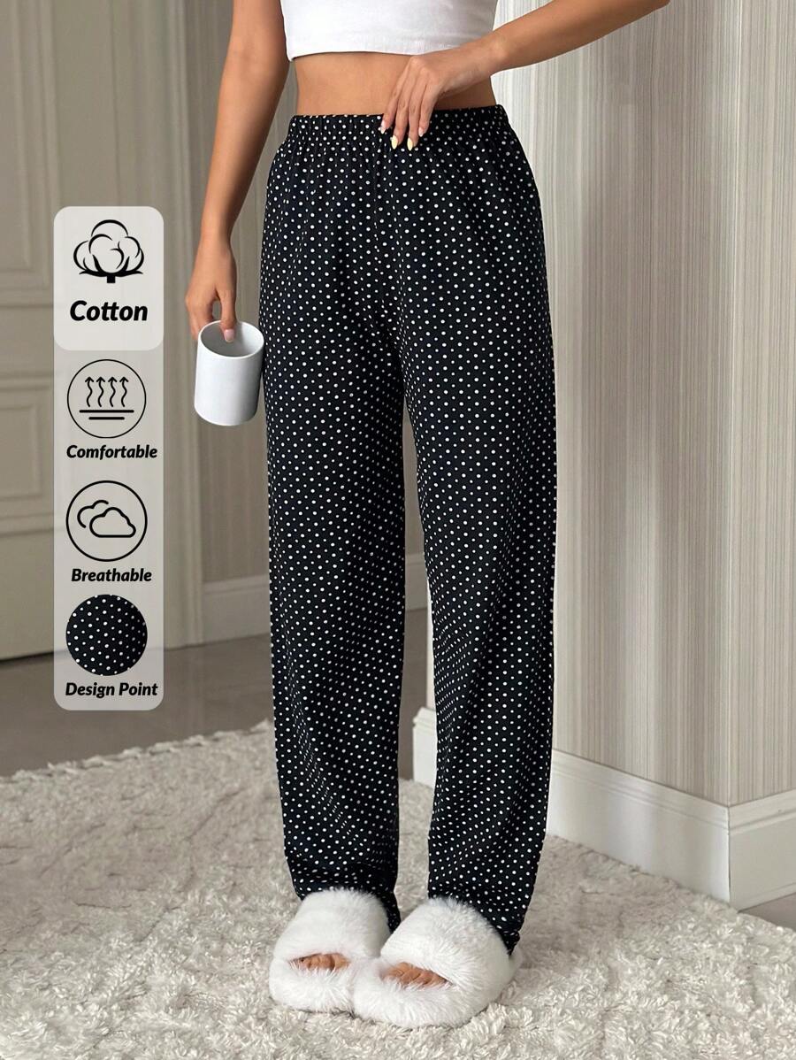 Pantalón de pijama de algodón para mujer con estampado a lunares de color contrastante